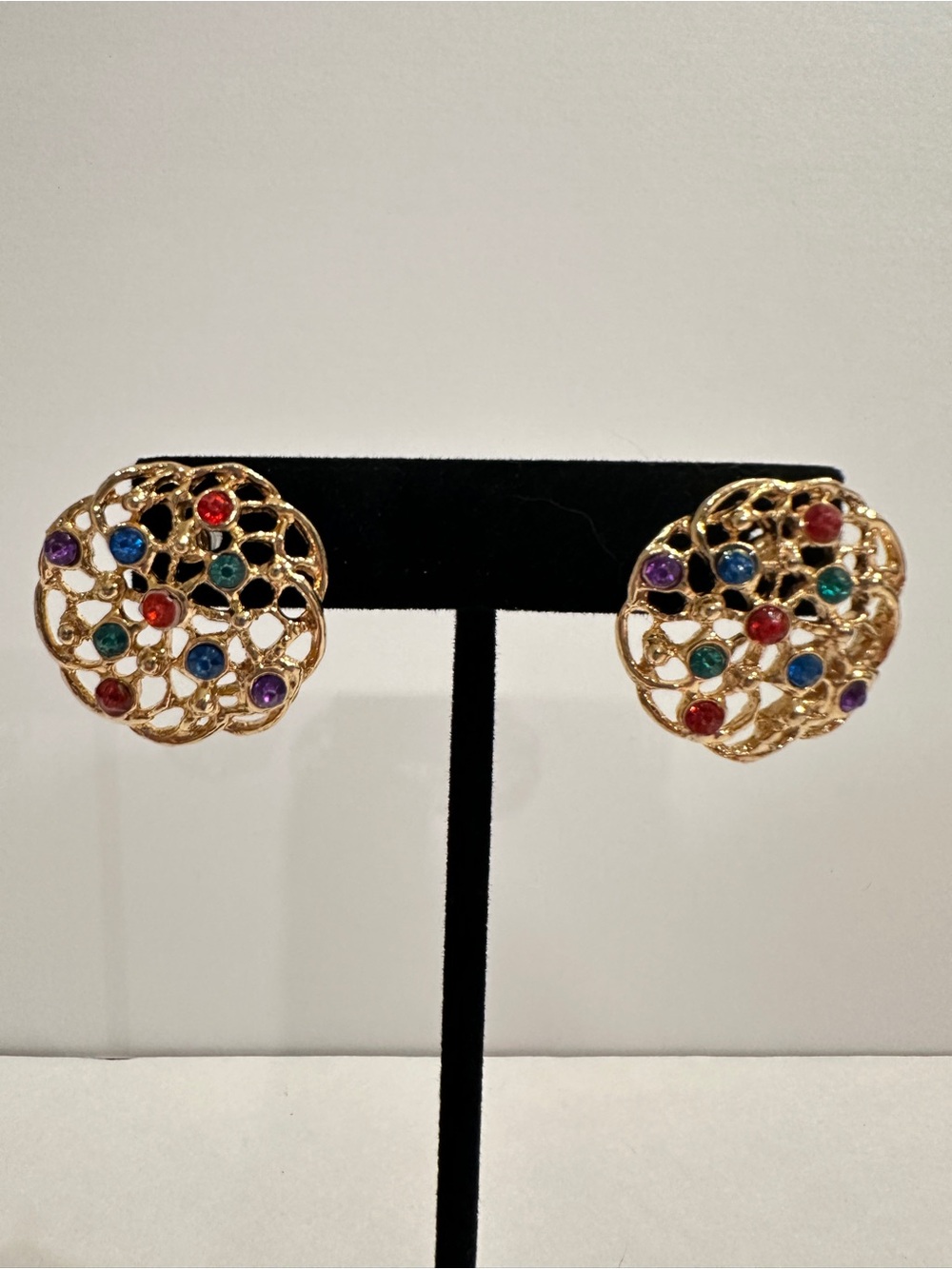 Vintage Gold-Tone Multi-Colored Rhinestone Filigree Stud Earrings